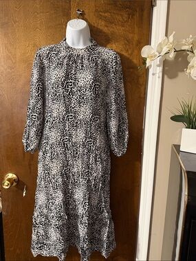 Zara Black and White Leopard Print Long Sleeve Midi Dress